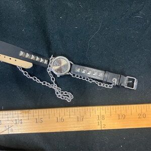 Black Studded Wrap Watch with Chain Accent